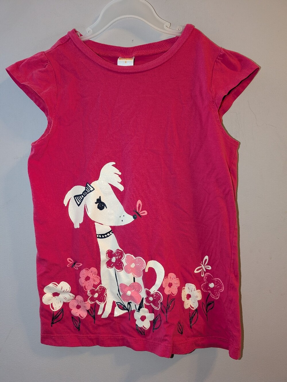 🐕 Gymboree Outlet Girls Hot Pink Sparkly Dog Graphic Tee - Cotton - Size 8